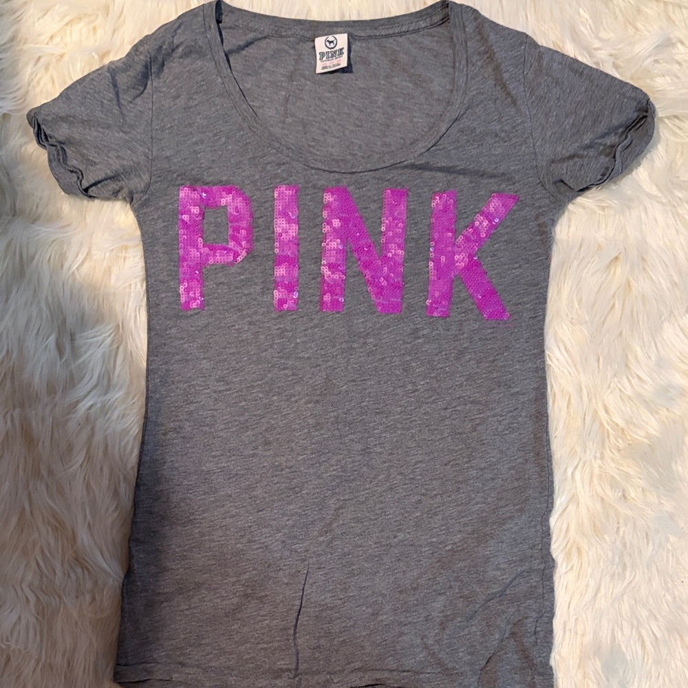 PINK Victoria's Secret Gray Tee with Pink Sequin Logo